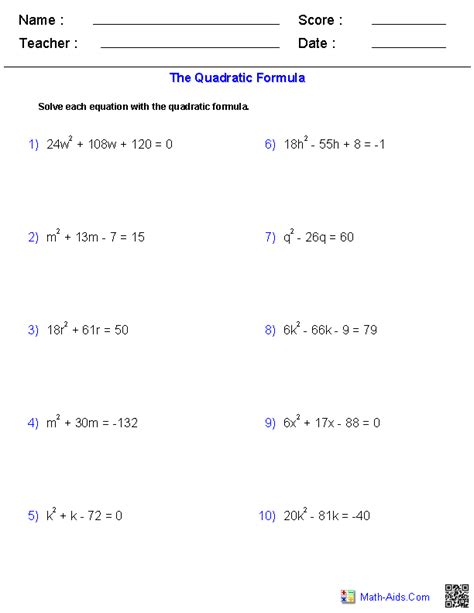 using the quadratic formula worksheet algebra 1